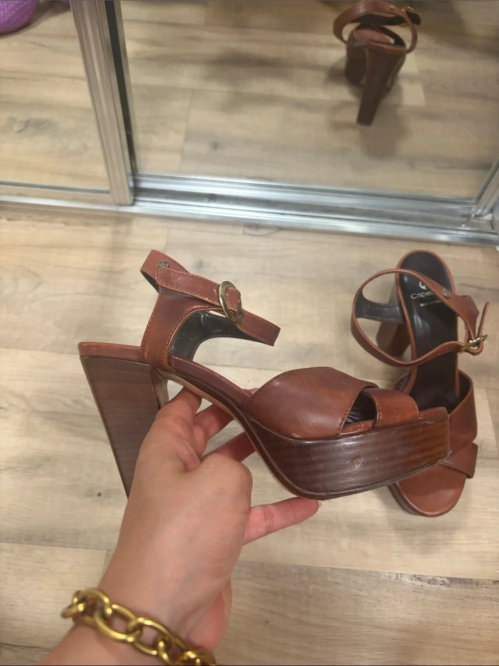 Caparros Tan Leather Platform Sandal with Ankle Strap